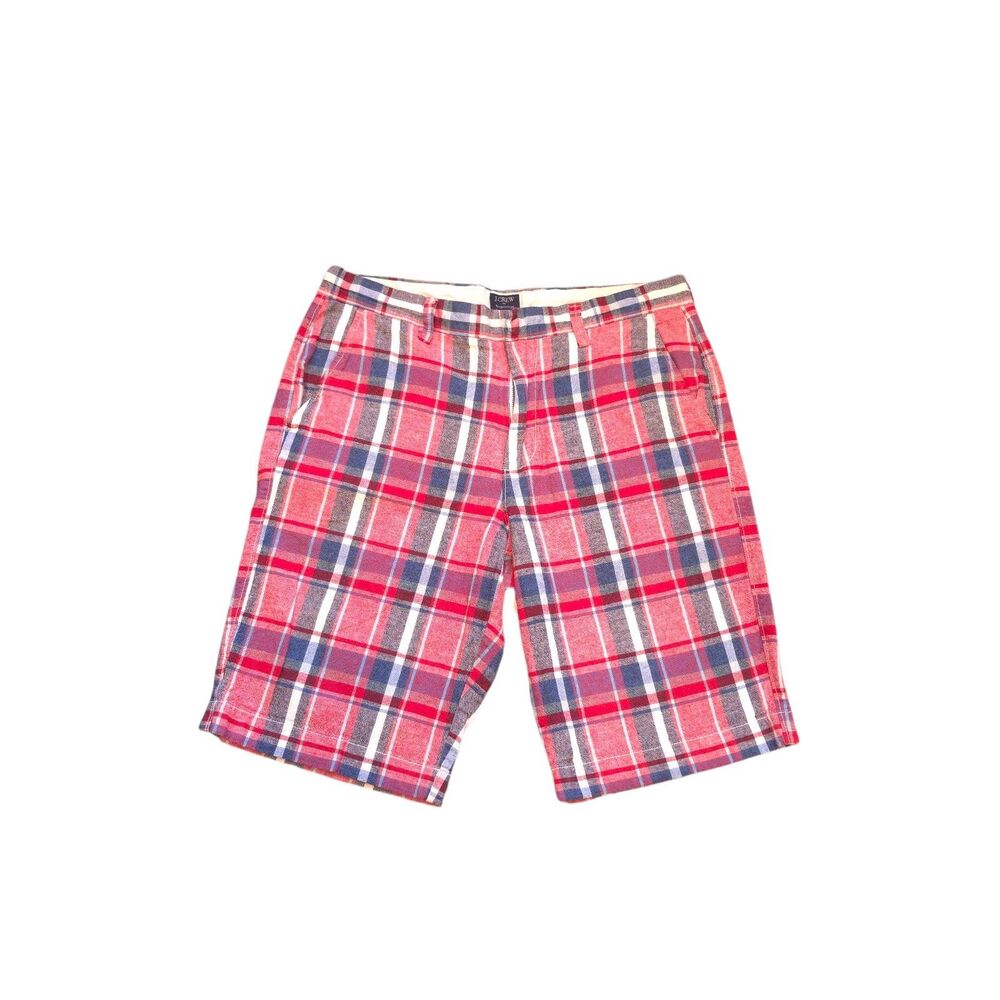 J.Crew Men's Madras Plaid Print Shorts Size 32 Linen Cotton Preppy EUC